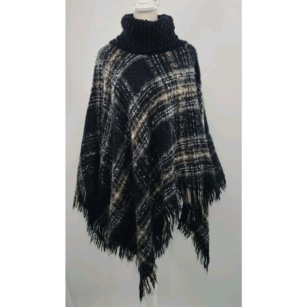 Ann Taylor Black & Cream Plaid Turtleneck Fringe Poncho